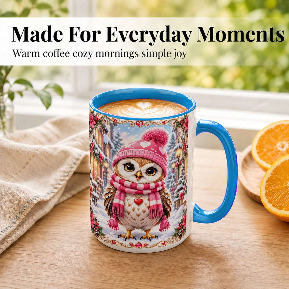 #pl[15oz|Blue] Pink Winter Owl Coffee Mug, Heart Christmas Owl Mug, Ceramic Cup