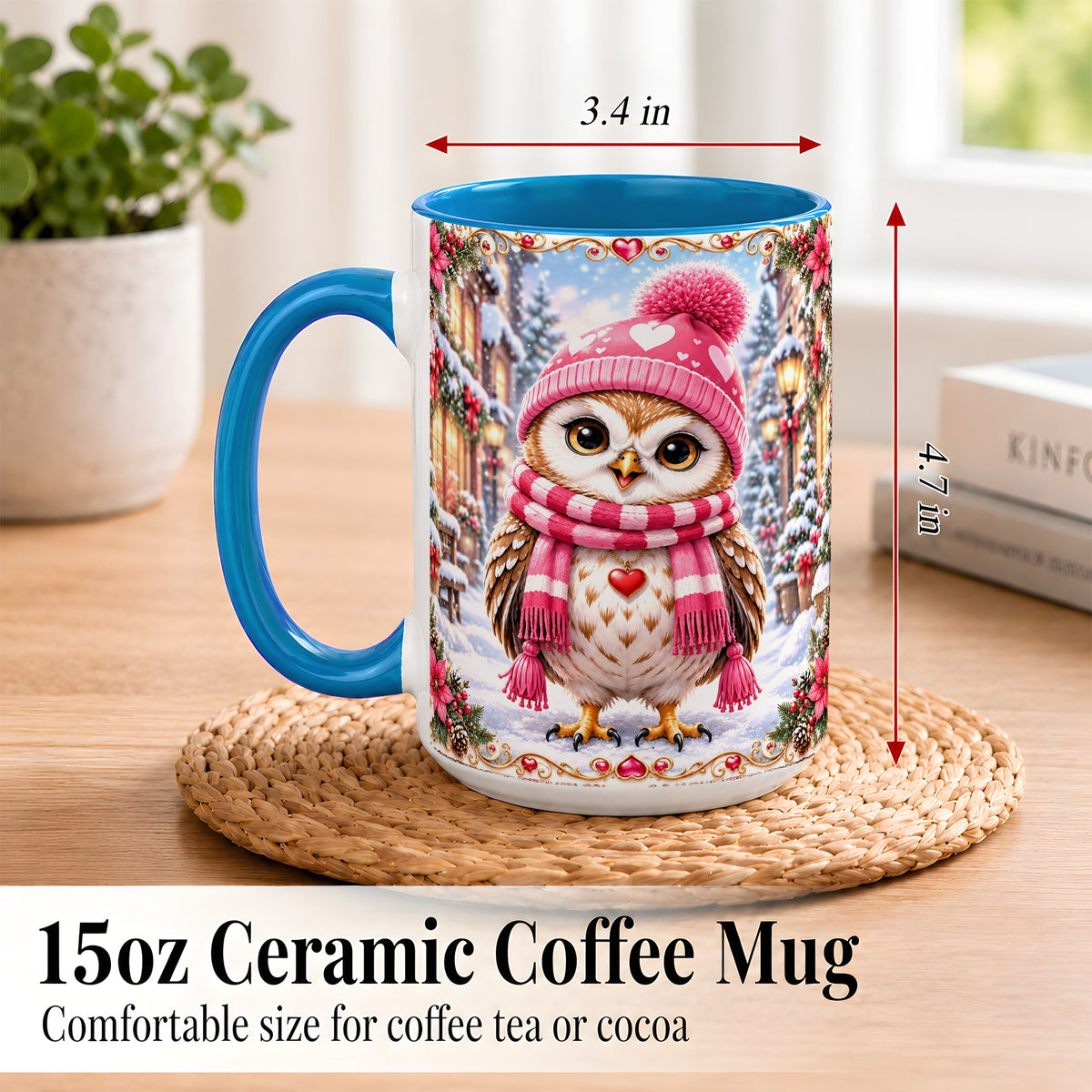 #pl[15oz|Blue] Pink Winter Owl Coffee Mug, Heart Christmas Owl Mug, Ceramic Cup