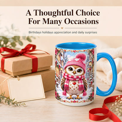 #pl[15oz|Blue] Pink Winter Owl Coffee Mug, Heart Christmas Owl Mug, Ceramic Cup