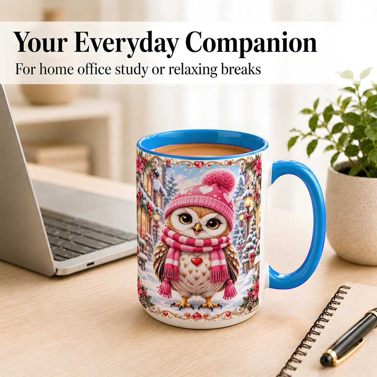 #pl[15oz|Blue] Pink Winter Owl Coffee Mug, Heart Christmas Owl Mug, Ceramic Cup