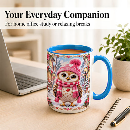 #pl[15oz|Blue] Pink Winter Owl Coffee Mug, Heart Christmas Owl Mug, Ceramic Cup