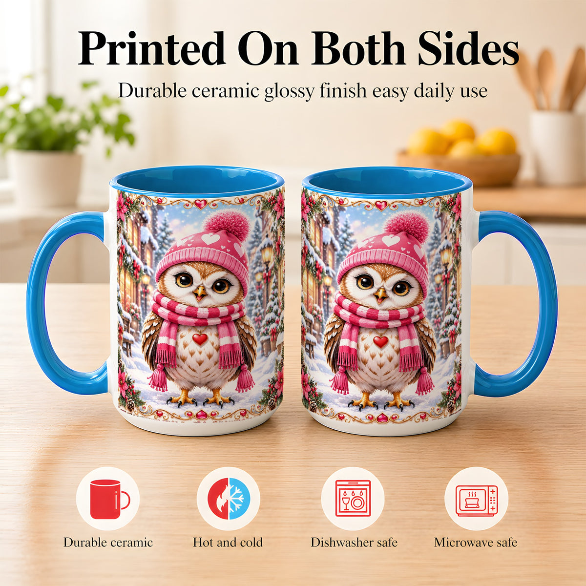 #pl[15oz|Blue] Pink Winter Owl Coffee Mug, Heart Christmas Owl Mug, Ceramic Cup