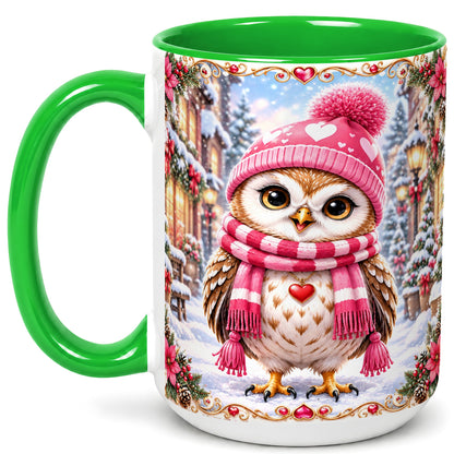 #pl[15oz|Green] Pink Winter Owl Coffee Mug, Heart Christmas Owl Mug, Ceramic Cup