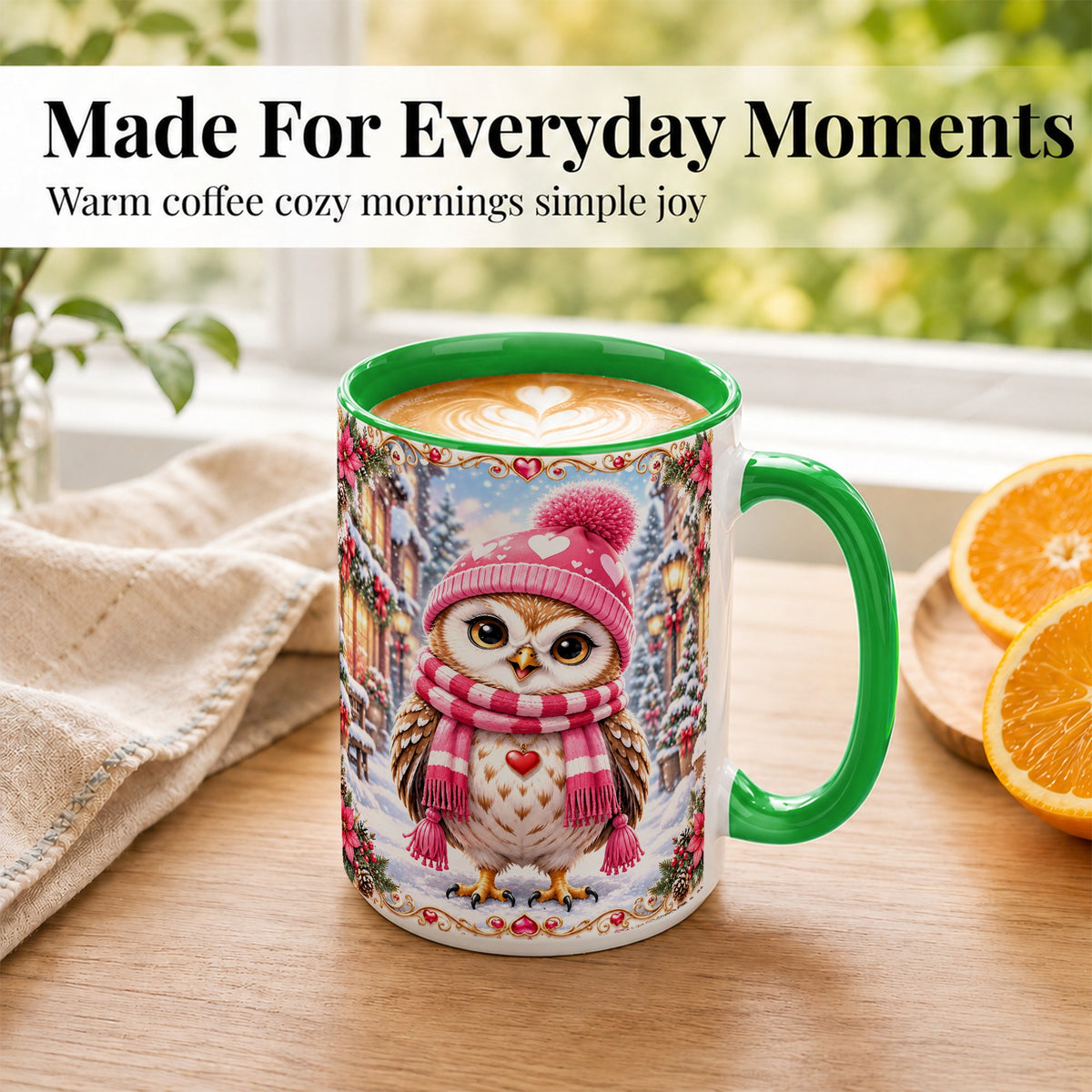 #pl[15oz|Green] Pink Winter Owl Coffee Mug, Heart Christmas Owl Mug, Ceramic Cup