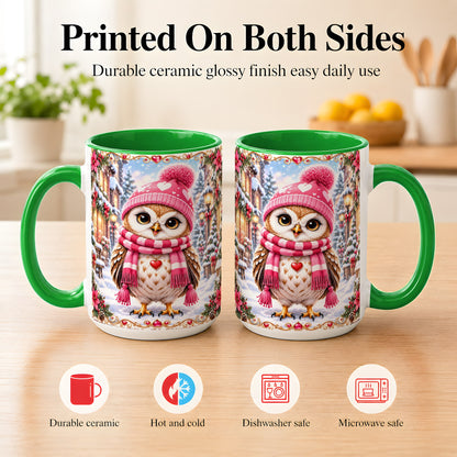 #pl[15oz|Green] Pink Winter Owl Coffee Mug, Heart Christmas Owl Mug, Ceramic Cup