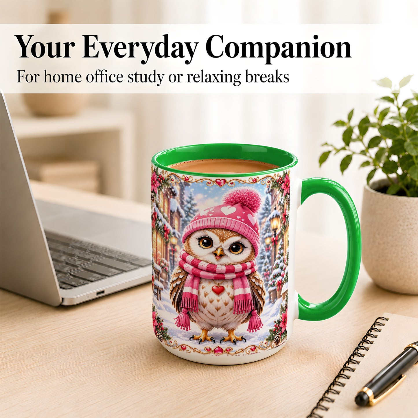 #pl[15oz|Green] Pink Winter Owl Coffee Mug, Heart Christmas Owl Mug, Ceramic Cup