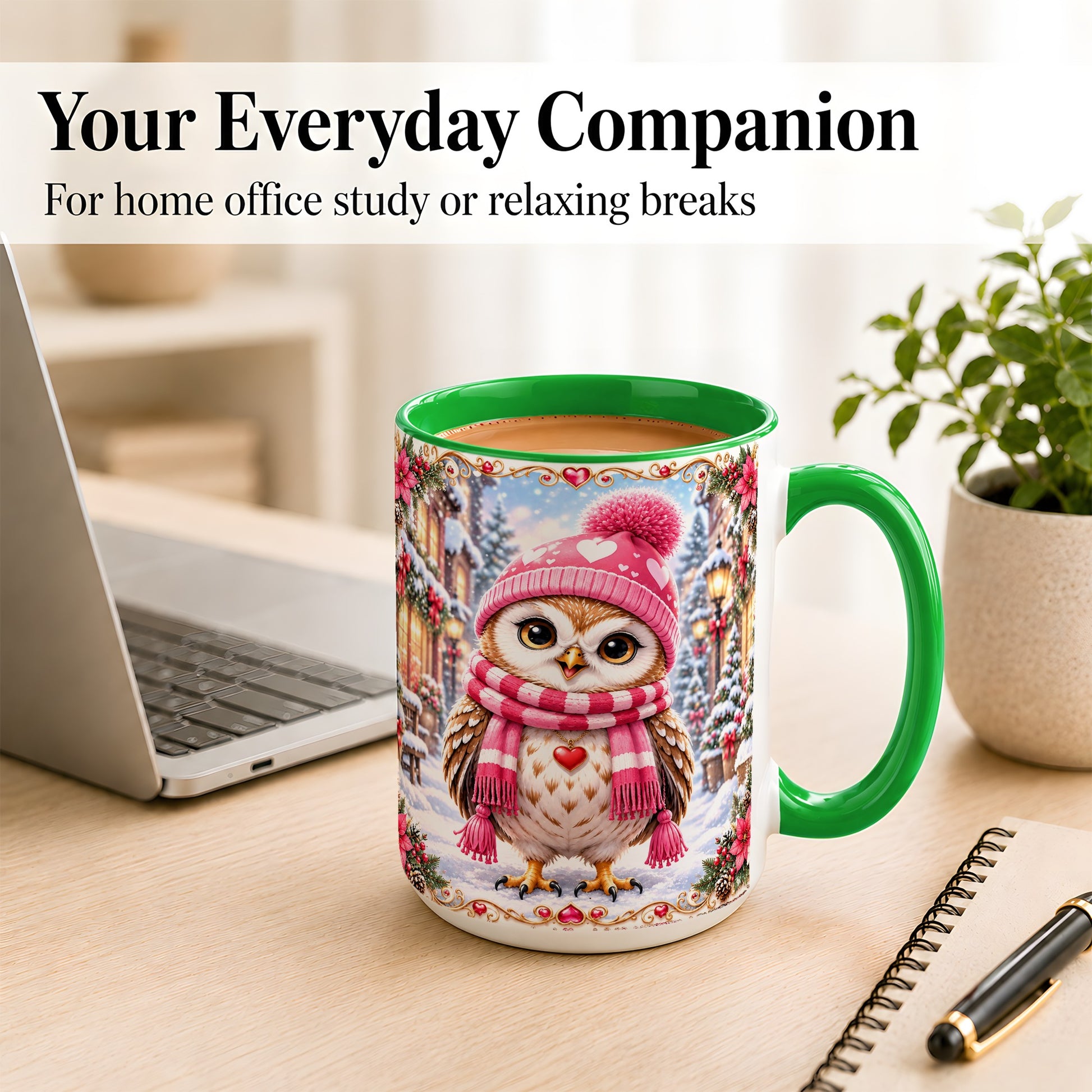 #pl[15oz|Green] Pink Winter Owl Coffee Mug, Heart Christmas Owl Mug, Ceramic Cup