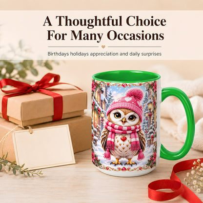 #pl[15oz|Green] Pink Winter Owl Coffee Mug, Heart Christmas Owl Mug, Ceramic Cup