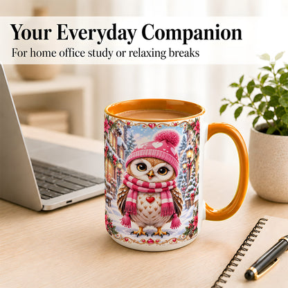 #pl[15oz|Orange] Pink Winter Owl Coffee Mug, Heart Christmas Owl Mug, Ceramic Cup