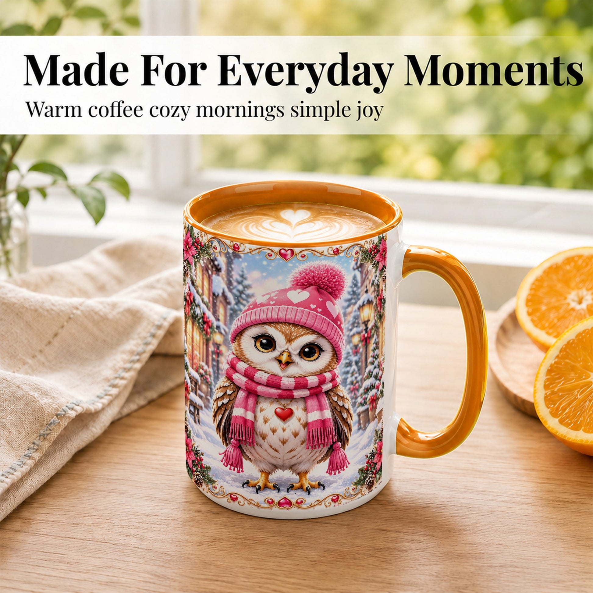 #pl[15oz|Orange] Pink Winter Owl Coffee Mug, Heart Christmas Owl Mug, Ceramic Cup