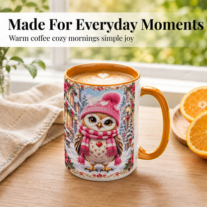 #pl[15oz|Orange] Pink Winter Owl Coffee Mug, Heart Christmas Owl Mug, Ceramic Cup