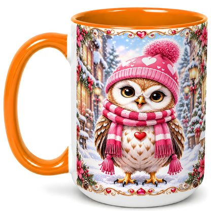 #pl[15oz|Orange] Pink Winter Owl Coffee Mug, Heart Christmas Owl Mug, Ceramic Cup