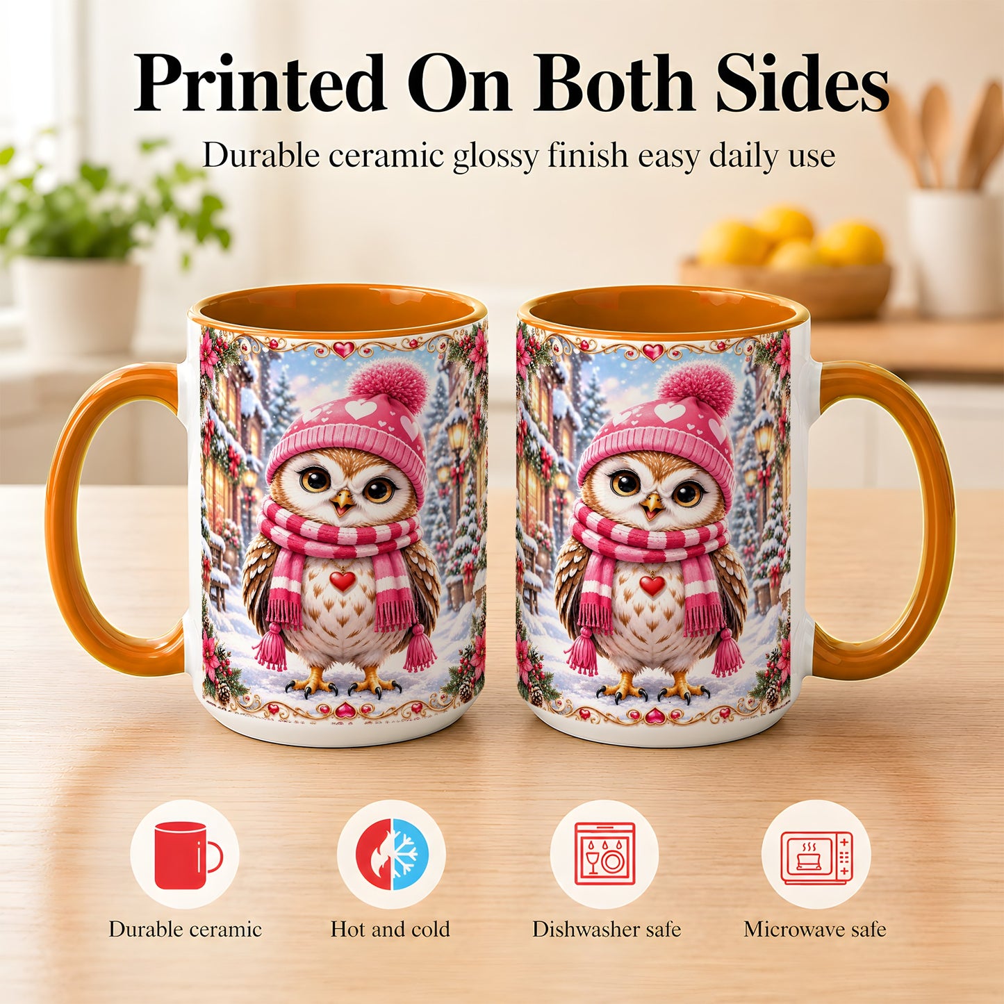 #pl[15oz|Orange] Pink Winter Owl Coffee Mug, Heart Christmas Owl Mug, Ceramic Cup