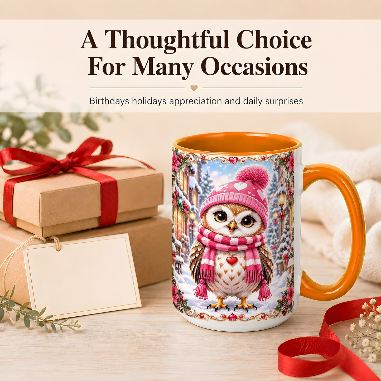 #pl[15oz|Orange] Pink Winter Owl Coffee Mug, Heart Christmas Owl Mug, Ceramic Cup