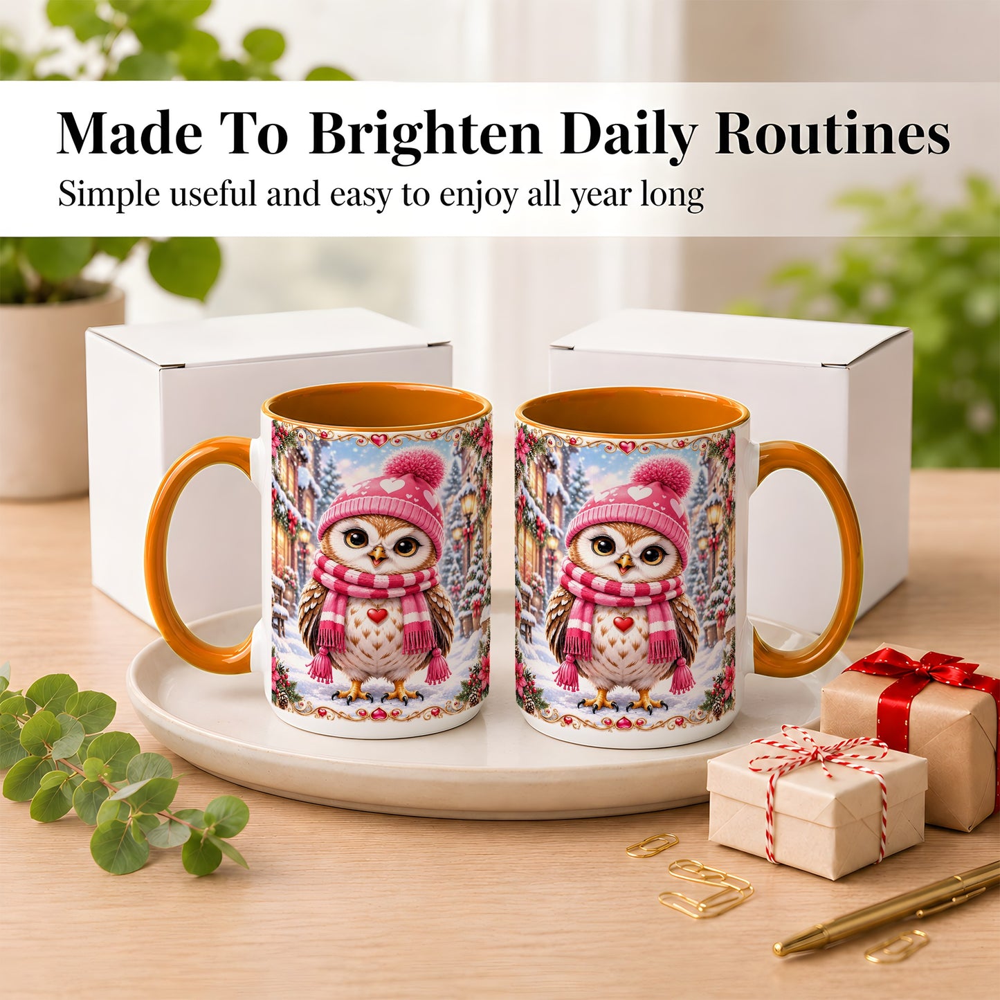 #pl[15oz|Orange] Pink Winter Owl Coffee Mug, Heart Christmas Owl Mug, Ceramic Cup