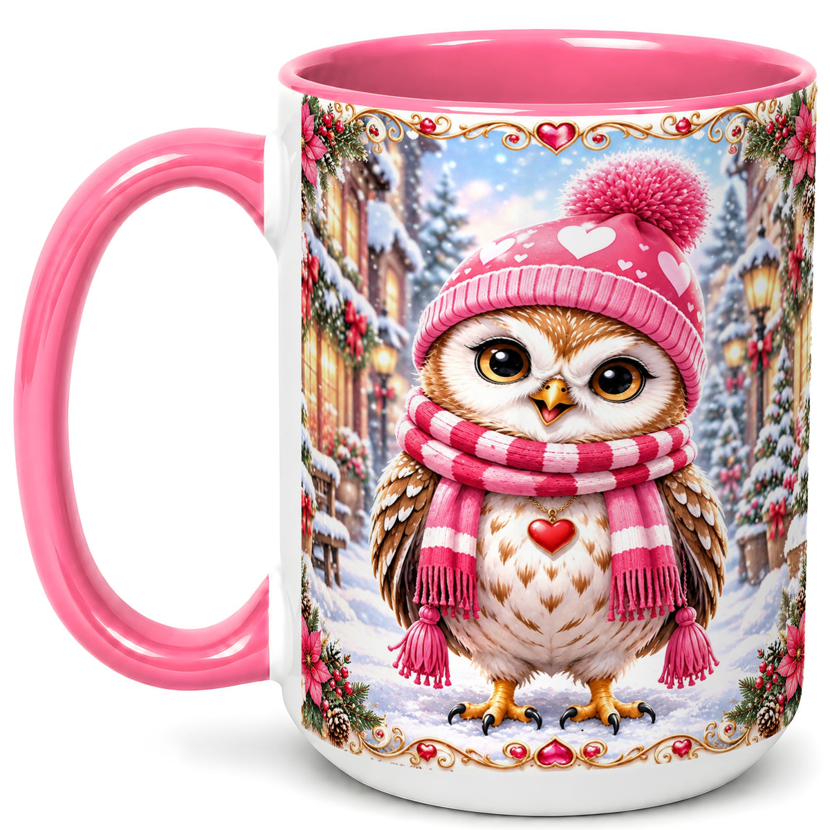 #pl[15oz|Pink] Pink Winter Owl Coffee Mug, Heart Christmas Owl Mug, Ceramic Cup