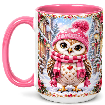 #pl[15oz|Pink] Pink Winter Owl Coffee Mug, Heart Christmas Owl Mug, Ceramic Cup