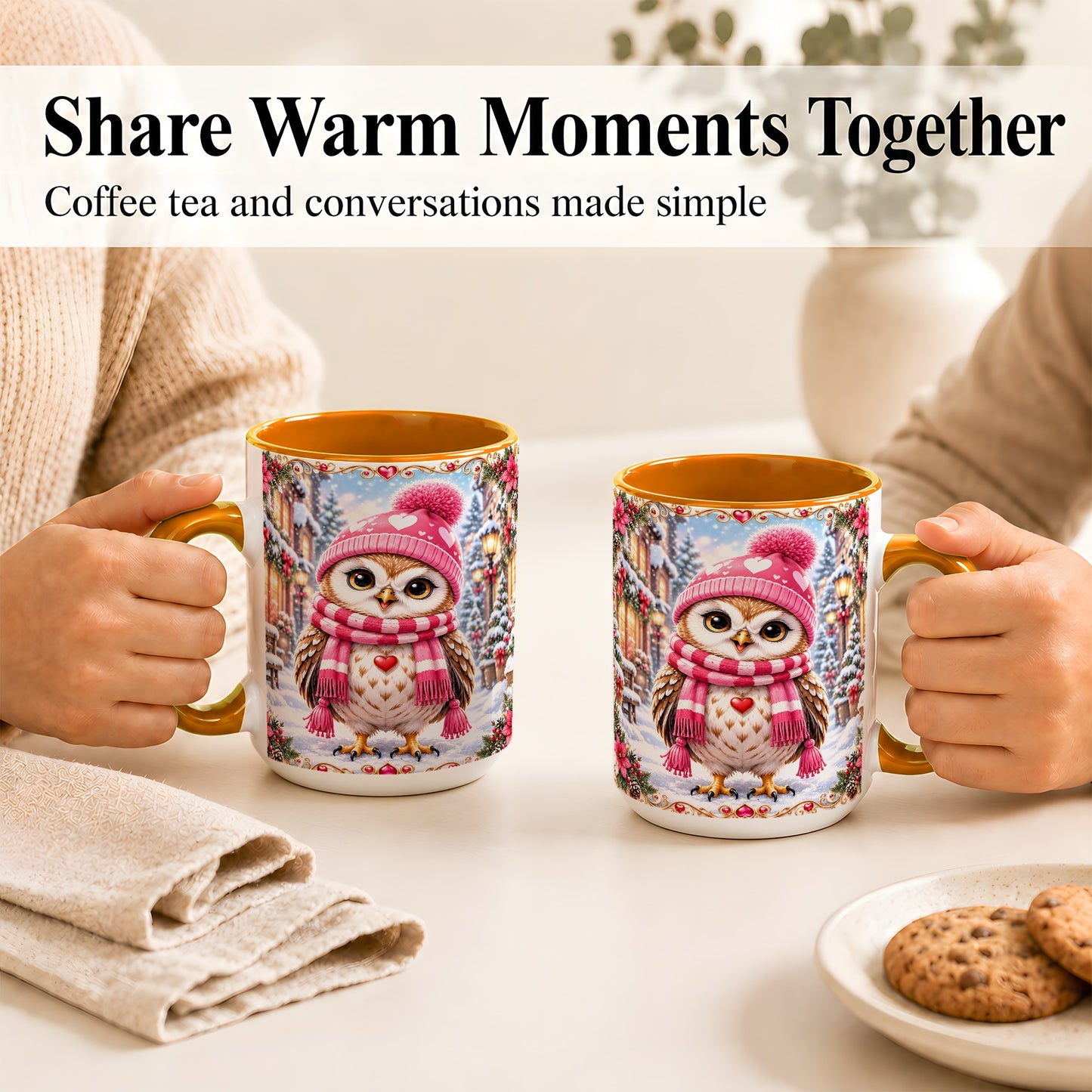#pl[15oz|Orange] Pink Winter Owl Coffee Mug, Heart Christmas Owl Mug, Ceramic Cup