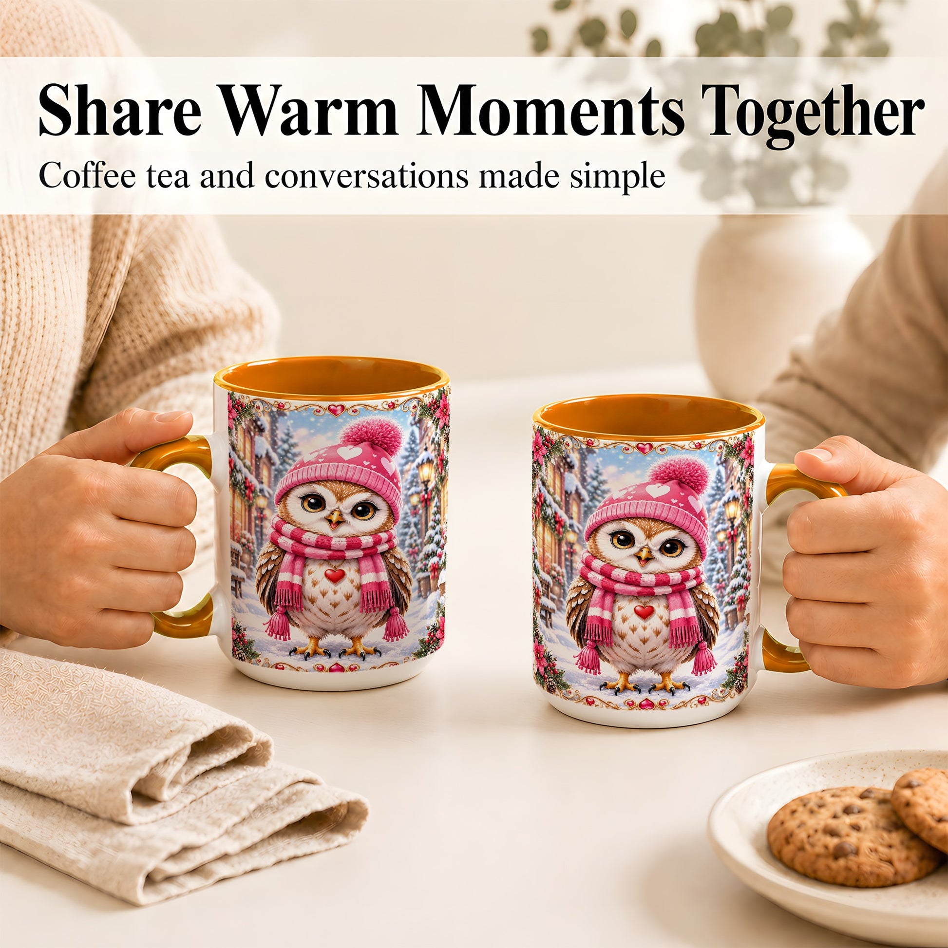 #pl[15oz|Orange] Pink Winter Owl Coffee Mug, Heart Christmas Owl Mug, Ceramic Cup