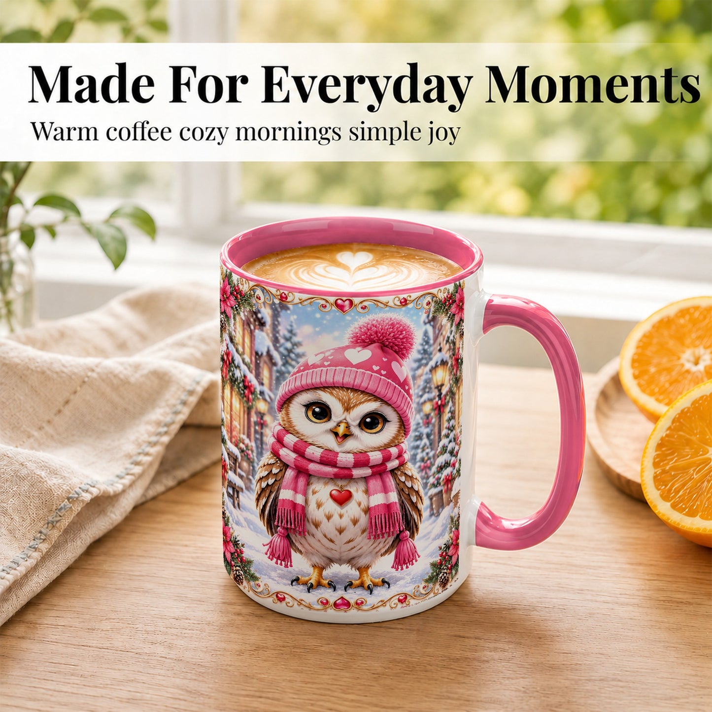 #pl[15oz|Pink] Pink Winter Owl Coffee Mug, Heart Christmas Owl Mug, Ceramic Cup