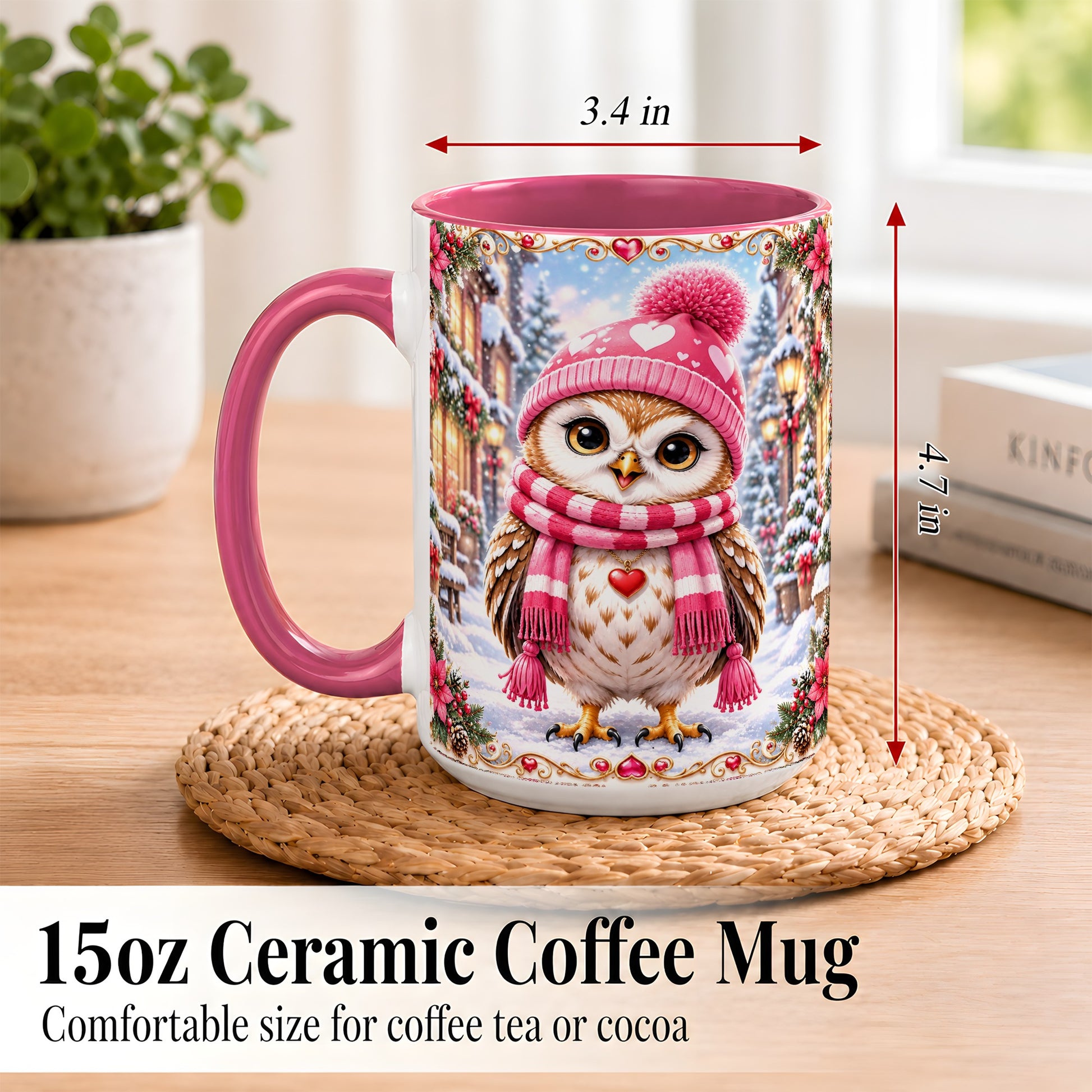 #pl[15oz|Pink] Pink Winter Owl Coffee Mug, Heart Christmas Owl Mug, Ceramic Cup