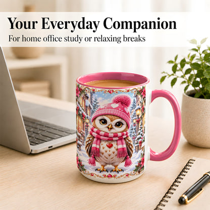 #pl[15oz|Pink] Pink Winter Owl Coffee Mug, Heart Christmas Owl Mug, Ceramic Cup