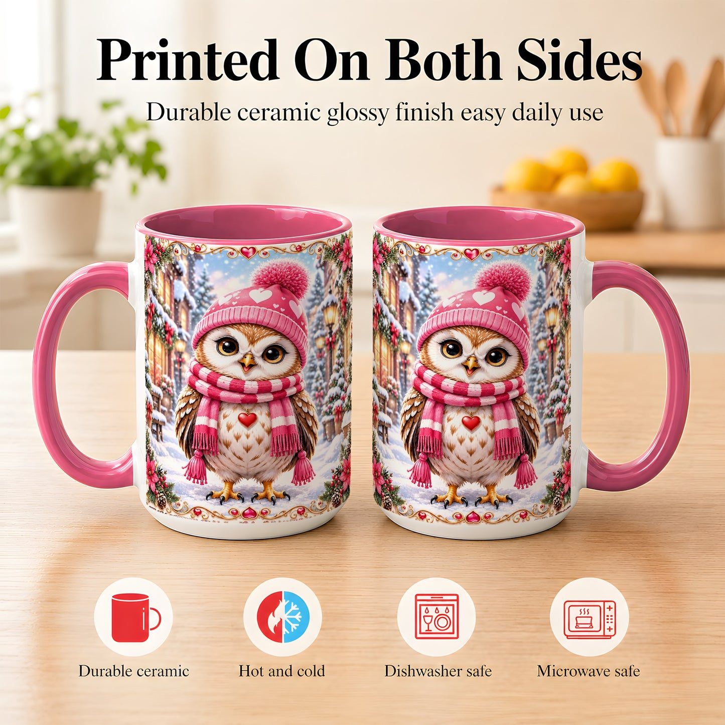 #pl[15oz|Pink] Pink Winter Owl Coffee Mug, Heart Christmas Owl Mug, Ceramic Cup