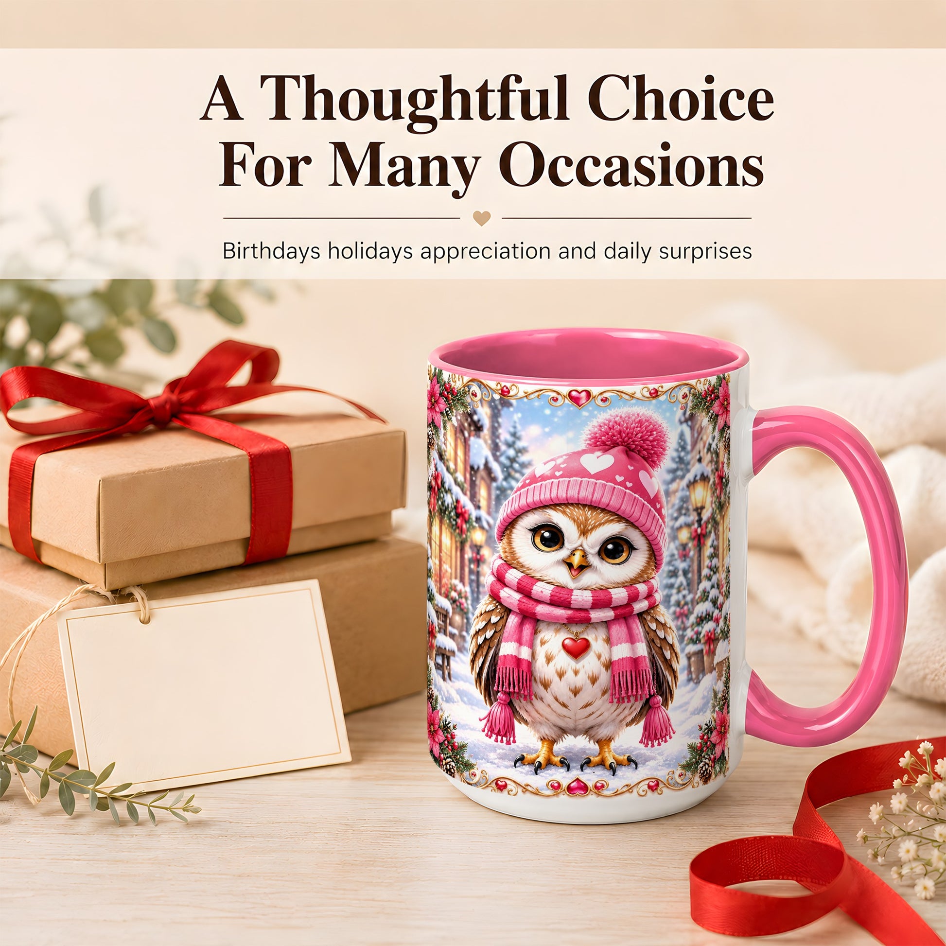 #pl[15oz|Pink] Pink Winter Owl Coffee Mug, Heart Christmas Owl Mug, Ceramic Cup