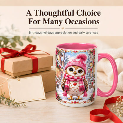 #pl[15oz|Pink] Pink Winter Owl Coffee Mug, Heart Christmas Owl Mug, Ceramic Cup