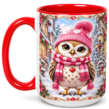 #pl[15oz|Red] Pink Winter Owl Coffee Mug, Heart Christmas Owl Mug, Ceramic Cup