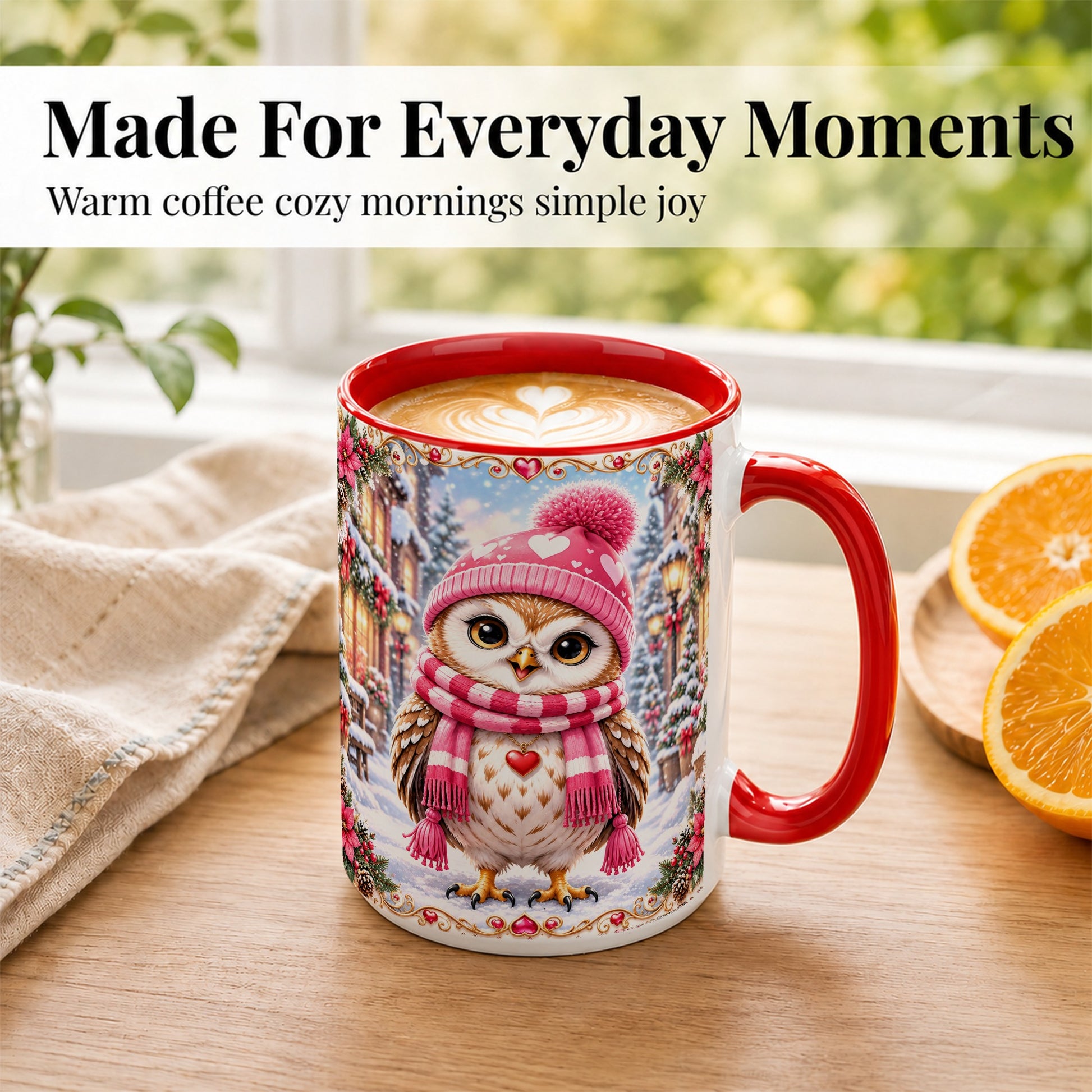 #pl[15oz|Red] Pink Winter Owl Coffee Mug, Heart Christmas Owl Mug, Ceramic Cup