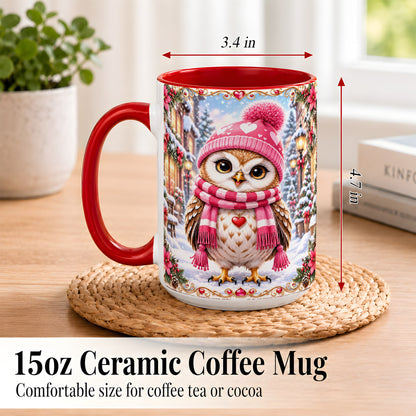 #pl[15oz|Red] Pink Winter Owl Coffee Mug, Heart Christmas Owl Mug, Ceramic Cup