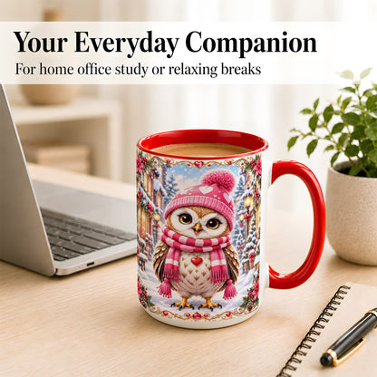 #pl[15oz|Red] Pink Winter Owl Coffee Mug, Heart Christmas Owl Mug, Ceramic Cup