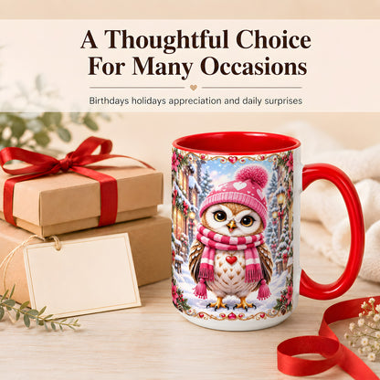 #pl[15oz|Red] Pink Winter Owl Coffee Mug, Heart Christmas Owl Mug, Ceramic Cup