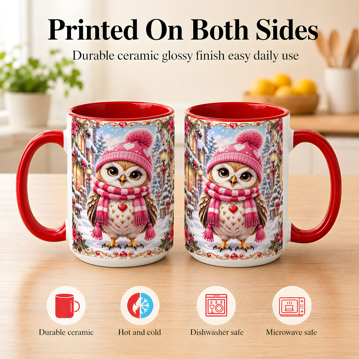 #pl[15oz|Red] Pink Winter Owl Coffee Mug, Heart Christmas Owl Mug, Ceramic Cup