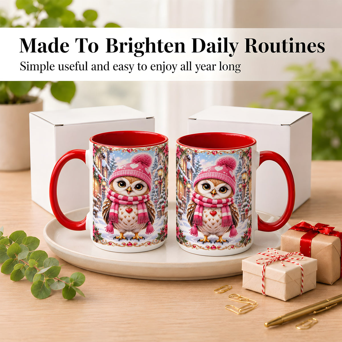 #pl[15oz|Red] Pink Winter Owl Coffee Mug, Heart Christmas Owl Mug, Ceramic Cup