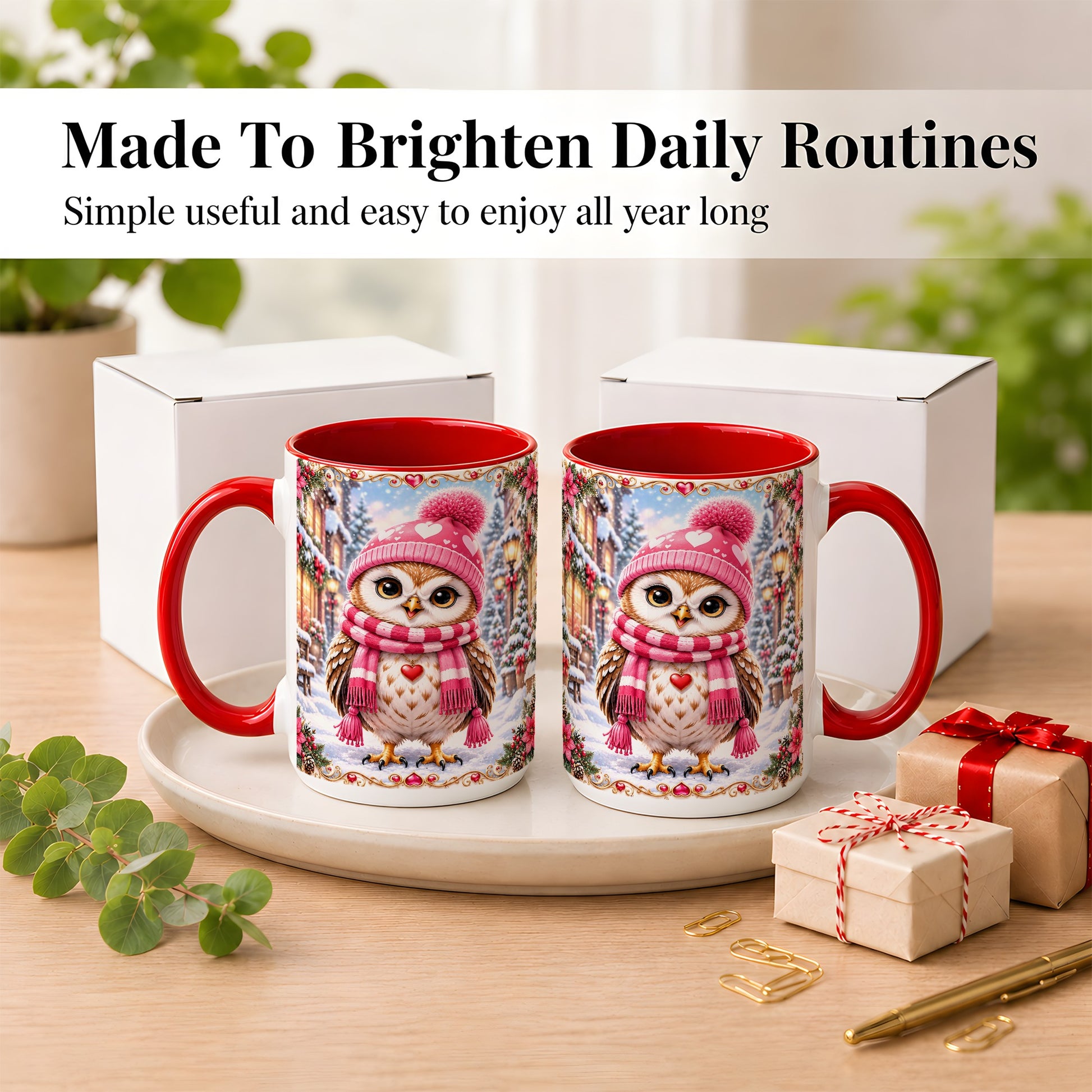 #pl[15oz|Red] Pink Winter Owl Coffee Mug, Heart Christmas Owl Mug, Ceramic Cup