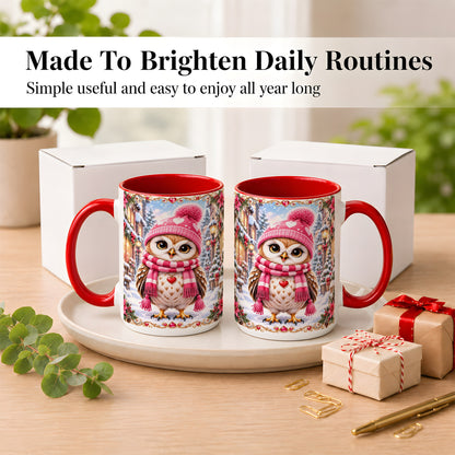 #pl[15oz|Red] Pink Winter Owl Coffee Mug, Heart Christmas Owl Mug, Ceramic Cup