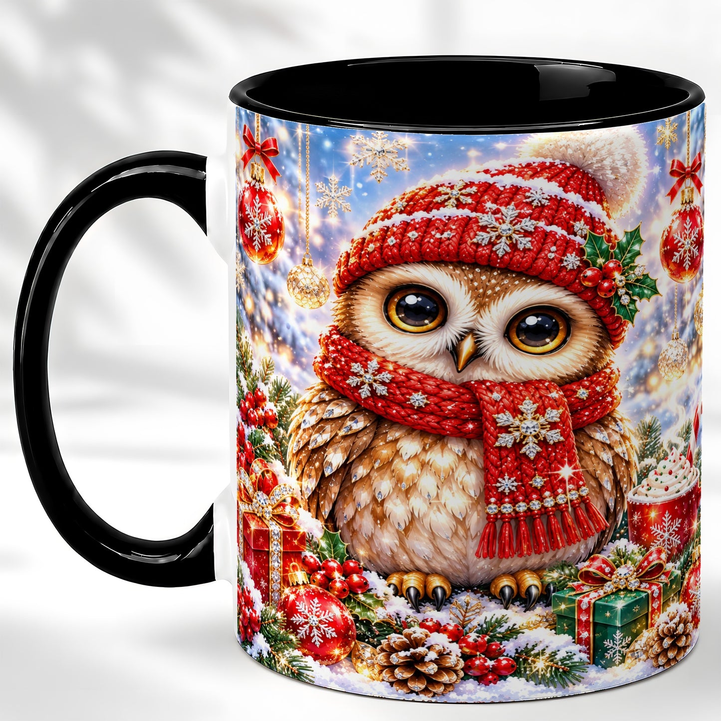 #pl[11oz|Black] Jeweled Christmas Owl Coffee Mug, Winter Owl Mug, Ceramic Cup