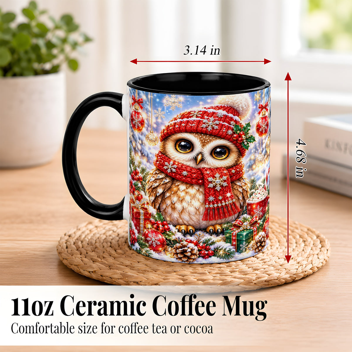 #pl[11oz|Black] Jeweled Christmas Owl Coffee Mug, Winter Owl Mug, Ceramic Cup