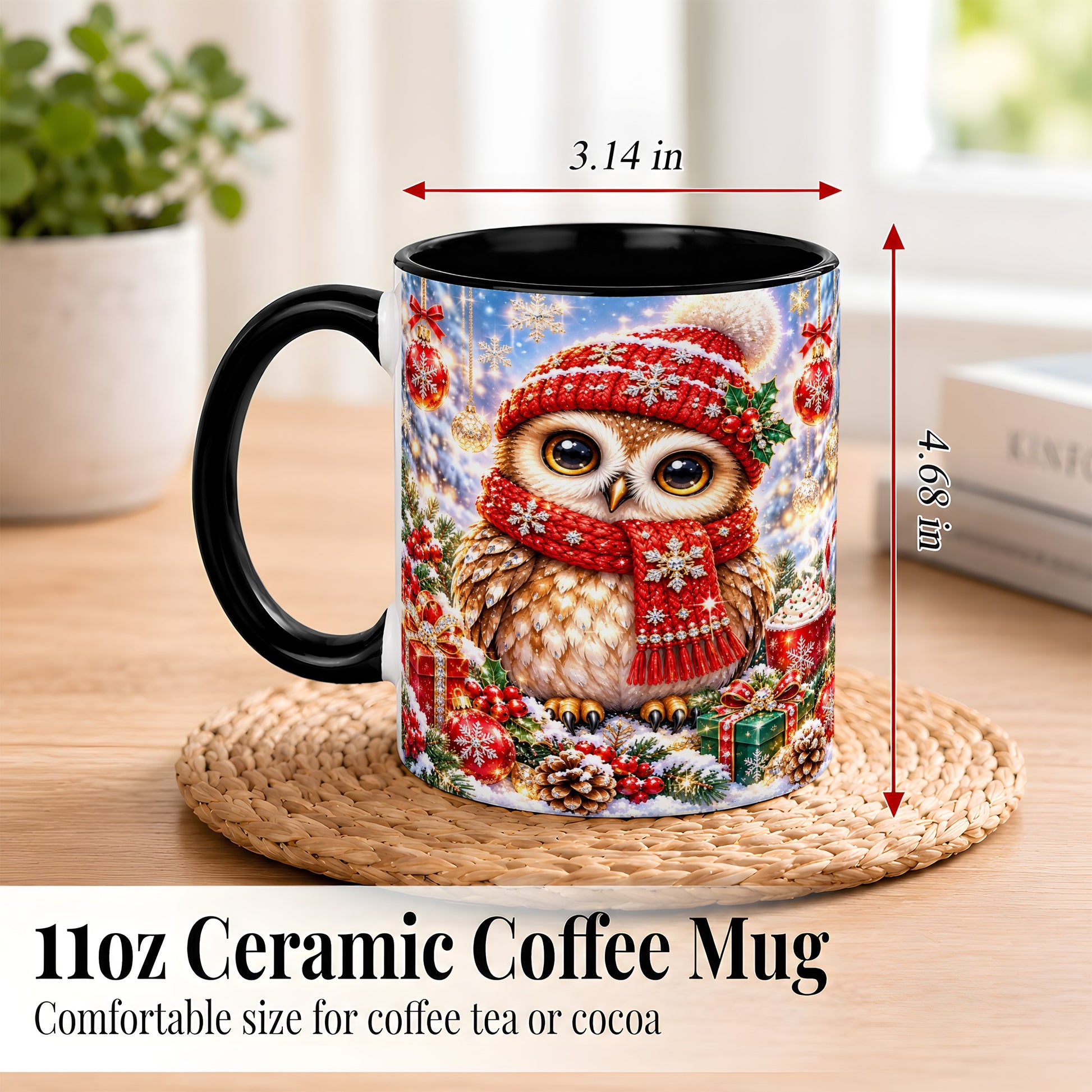 #pl[11oz|Black] Jeweled Christmas Owl Coffee Mug, Winter Owl Mug, Ceramic Cup