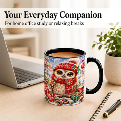 #pl[11oz|Black] Jeweled Christmas Owl Coffee Mug, Winter Owl Mug, Ceramic Cup