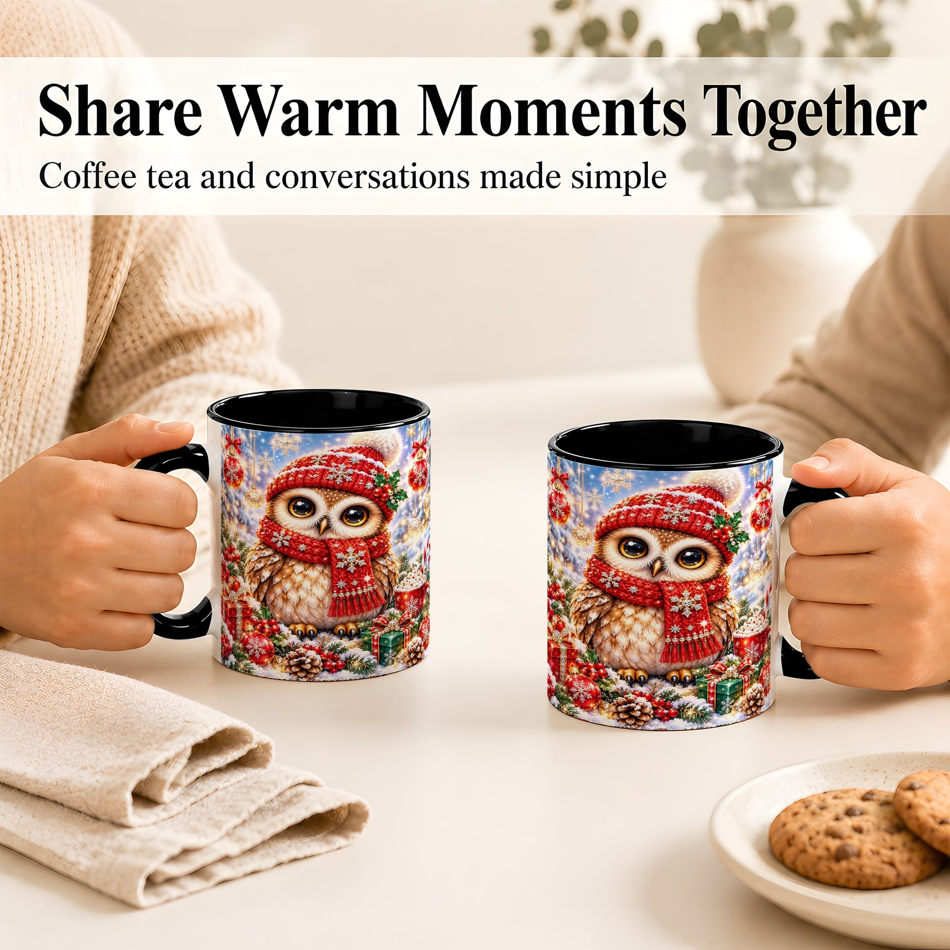 #pl[11oz|Black] Jeweled Christmas Owl Coffee Mug, Winter Owl Mug, Ceramic Cup
