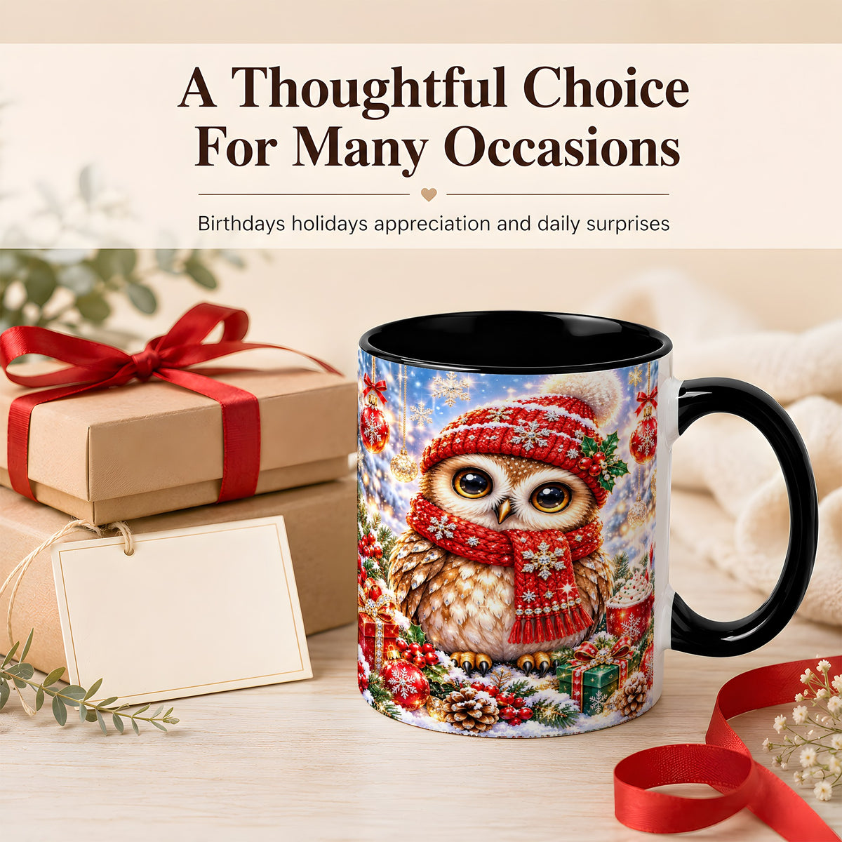 #pl[11oz|Black] Jeweled Christmas Owl Coffee Mug, Winter Owl Mug, Ceramic Cup
