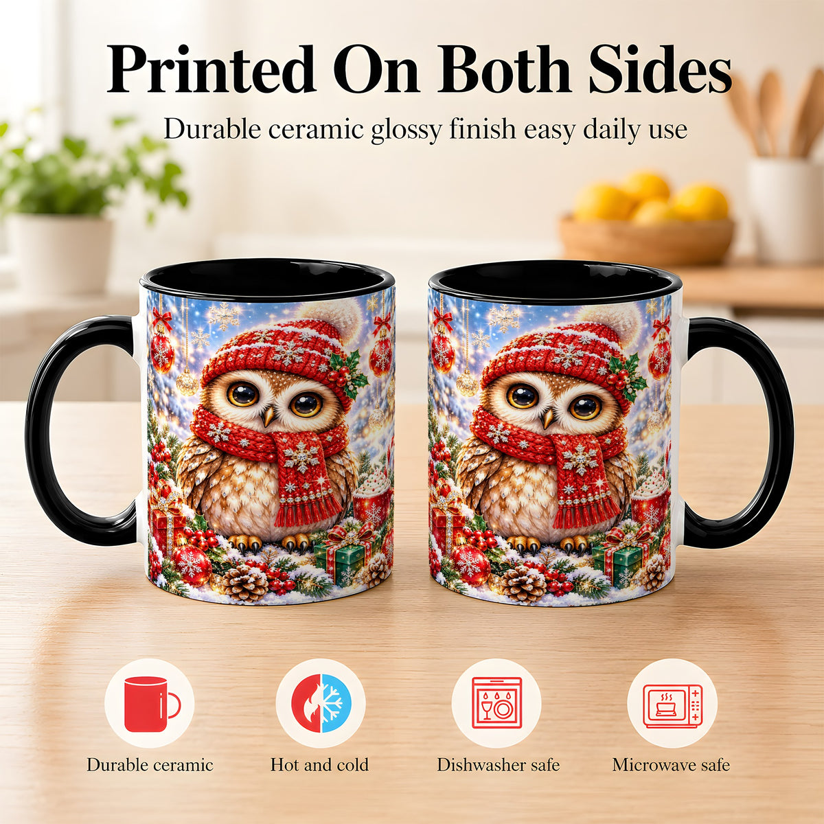 #pl[11oz|Black] Jeweled Christmas Owl Coffee Mug, Winter Owl Mug, Ceramic Cup
