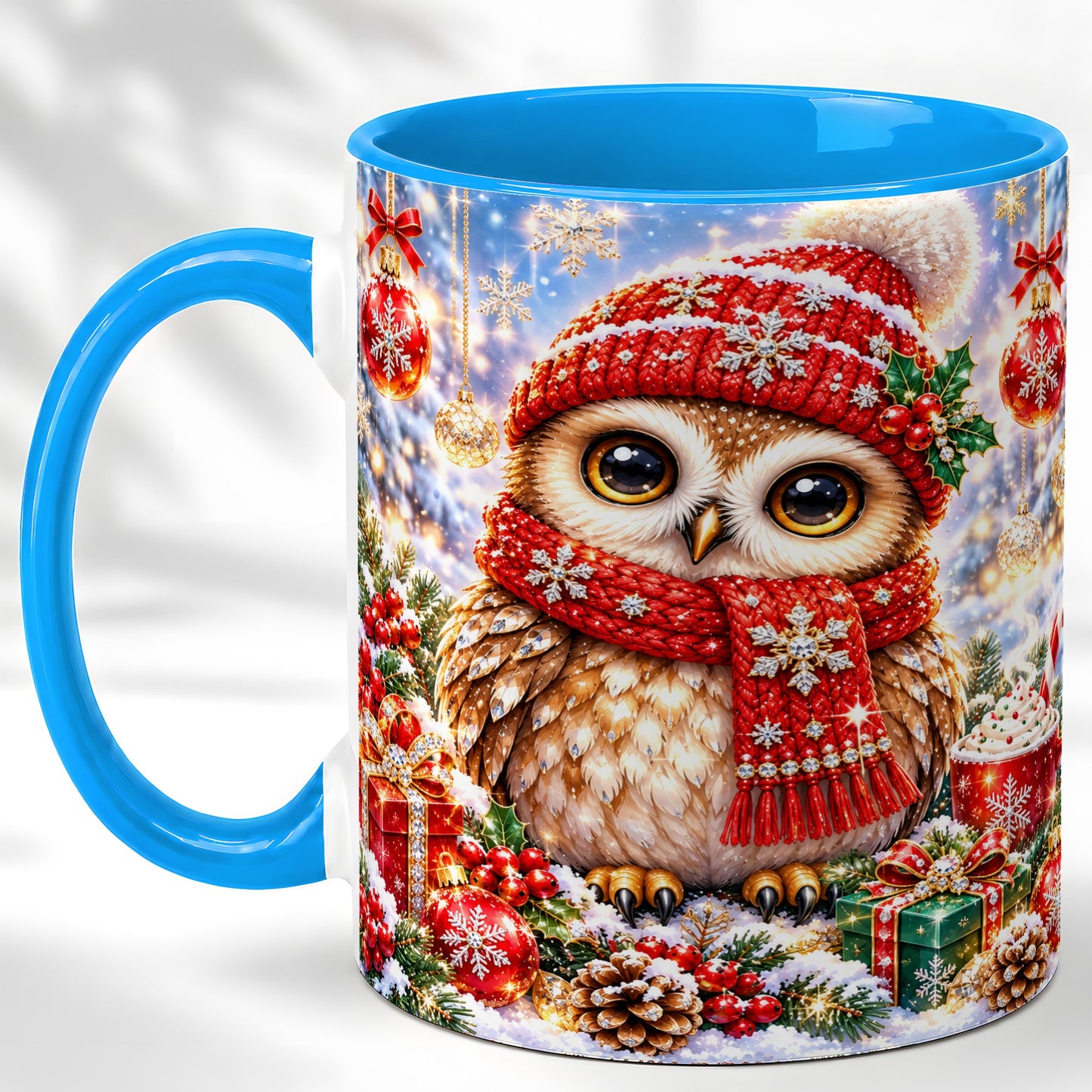 #pl[11oz|Blue] Jeweled Christmas Owl Coffee Mug, Winter Owl Mug, Ceramic Cup