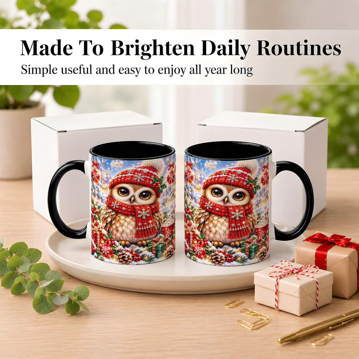 #pl[11oz|Black] Jeweled Christmas Owl Coffee Mug, Winter Owl Mug, Ceramic Cup