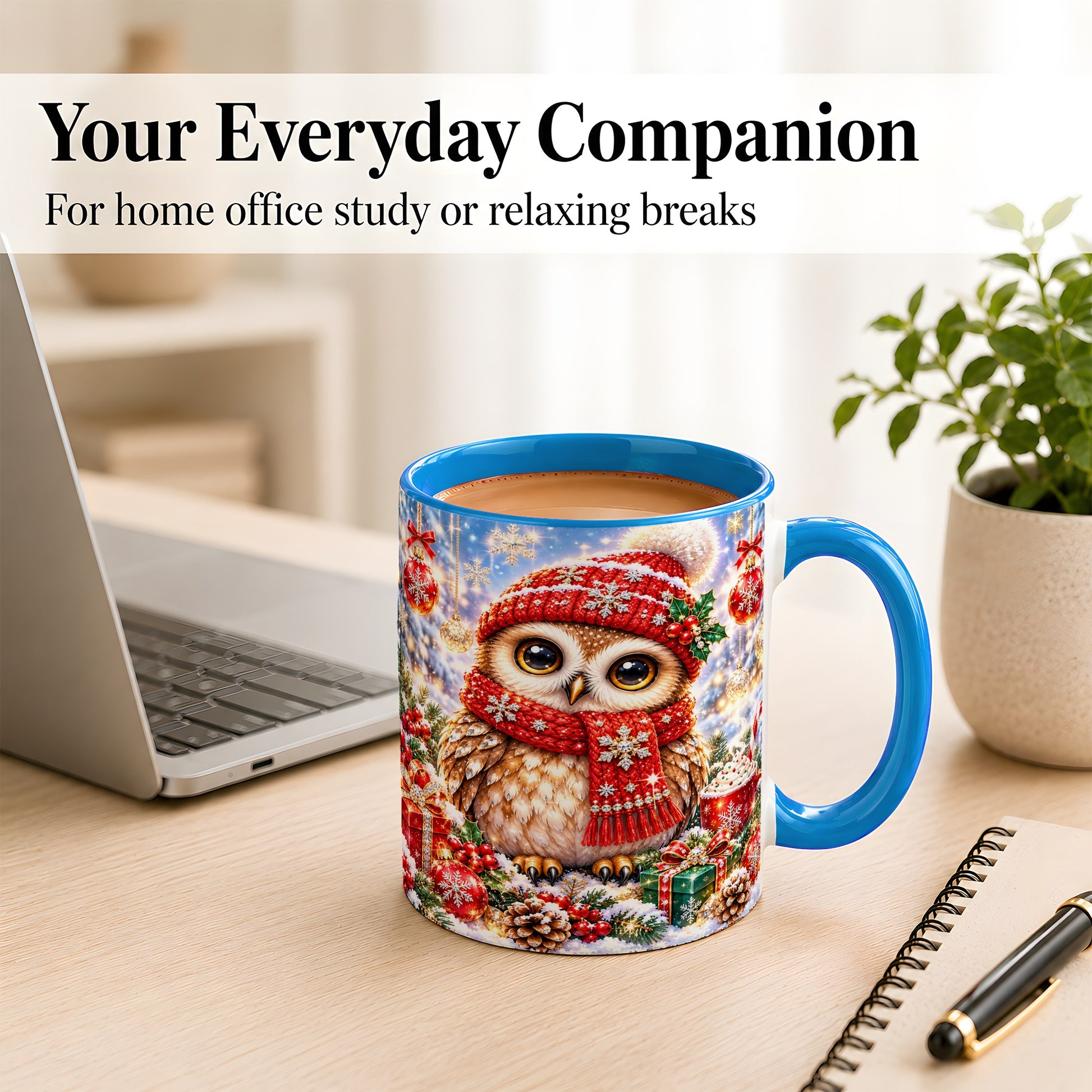 #pl[11oz|Blue] Jeweled Christmas Owl Coffee Mug, Winter Owl Mug, Ceramic Cup