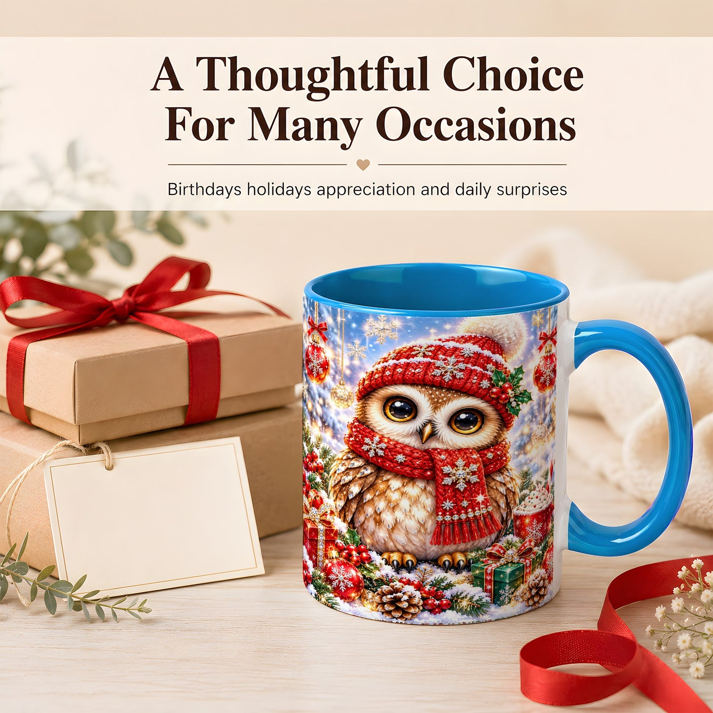 #pl[11oz|Blue] Jeweled Christmas Owl Coffee Mug, Winter Owl Mug, Ceramic Cup