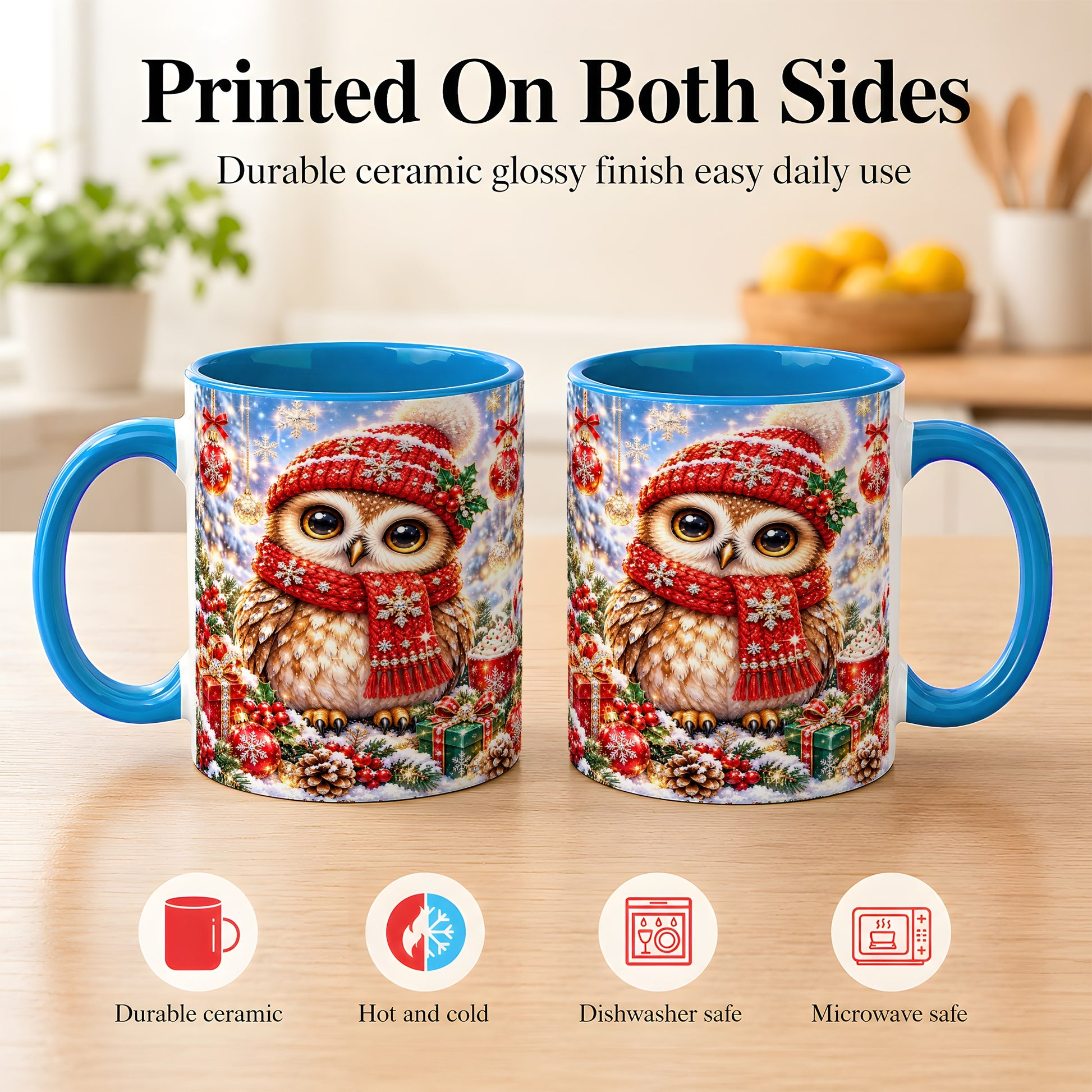#pl[11oz|Blue] Jeweled Christmas Owl Coffee Mug, Winter Owl Mug, Ceramic Cup